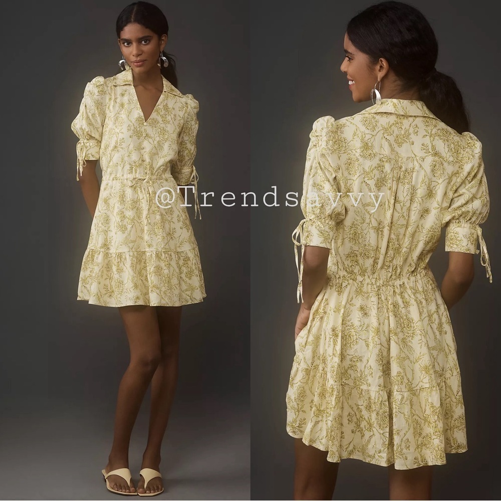 Anthropologie Hutch Chartreuse Floral Linen Blend Mini Dress Medium Puff Sleeves